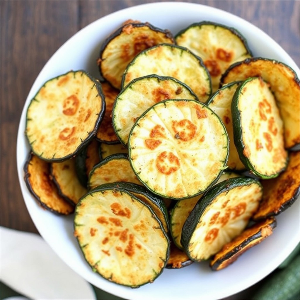 Crispy zucchini chips stacked in a small bowl with a sprinkle of sea salt.