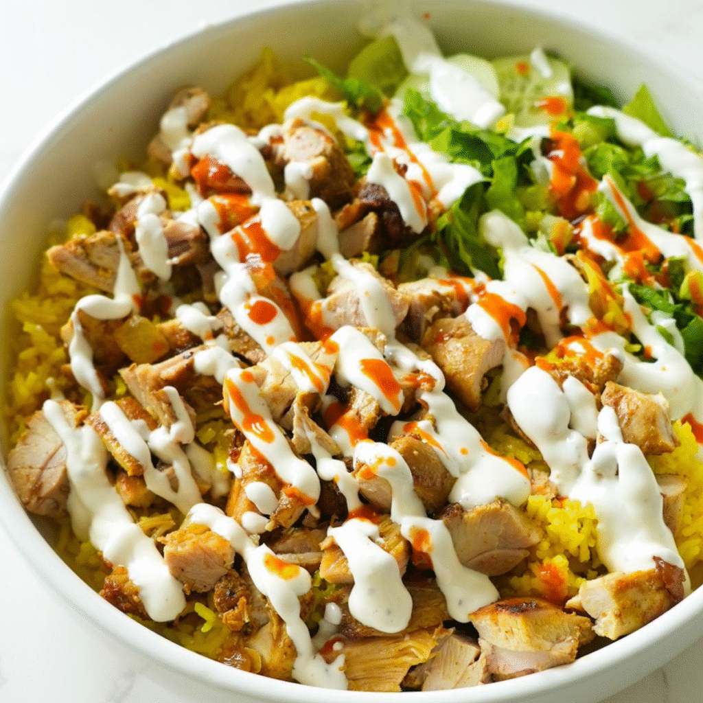 Healthy homemade Halal Cart Chicken with turmeric rice, salad, and white sauce on a plate